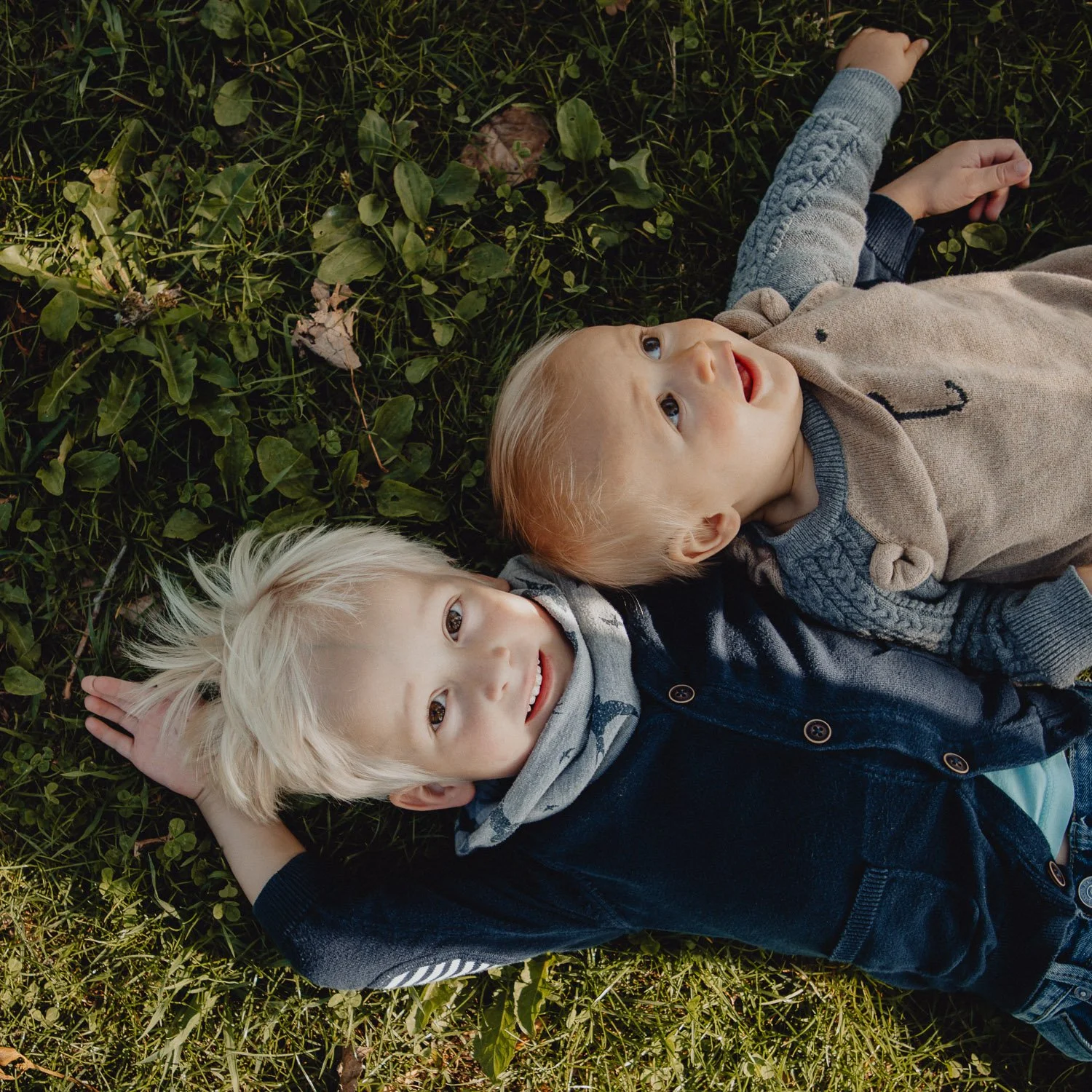 Zwei Kinder, ein blondes Mädchen und ein älterer Junge, liegen auf dem Rasen und schauen nach oben, umgeben von grünen Blättern.
