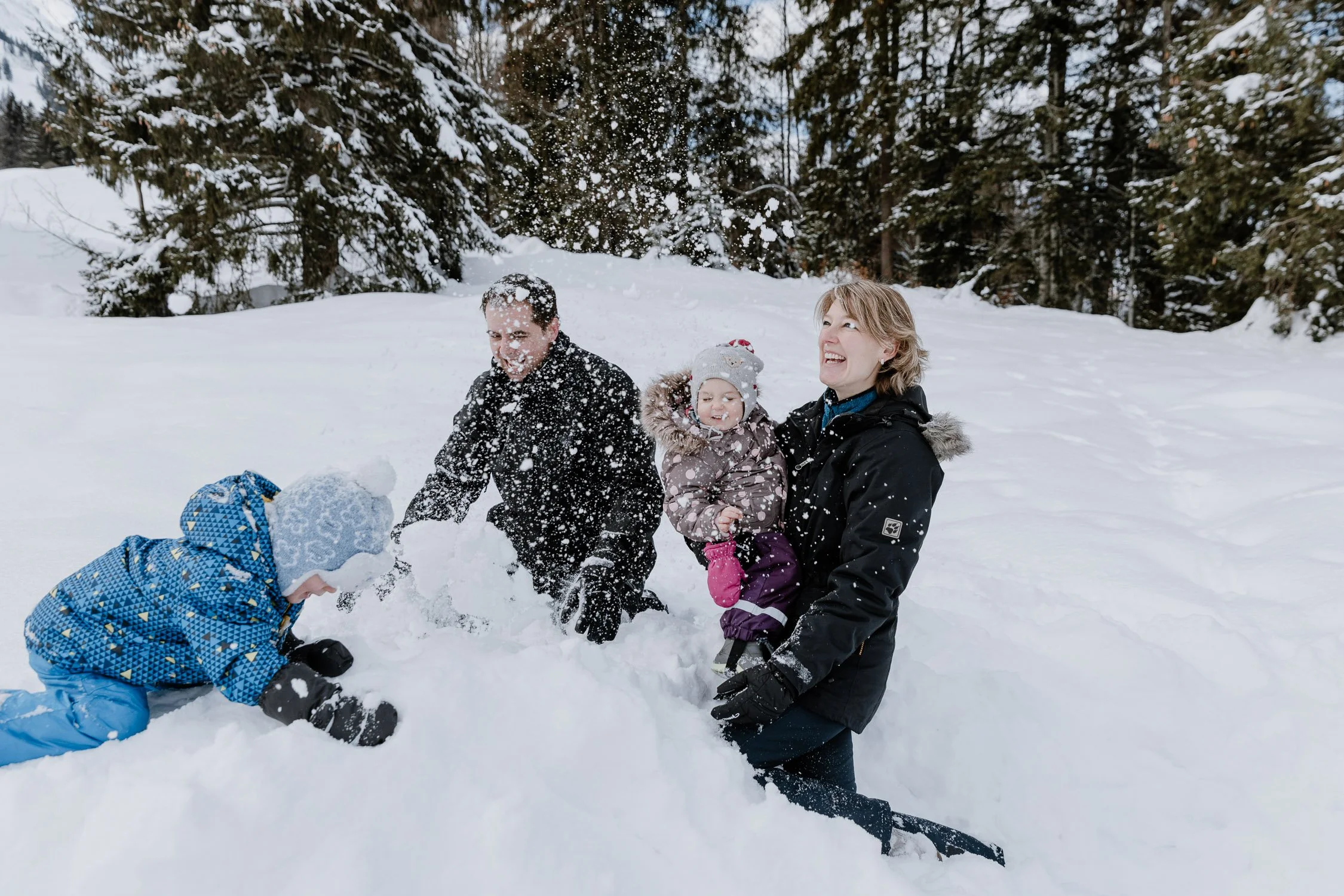 Familie spielt lachend im Schnee in einem winterlichen Wald, Kinder und Erwachsene haben Spaß beim Schneespiel.