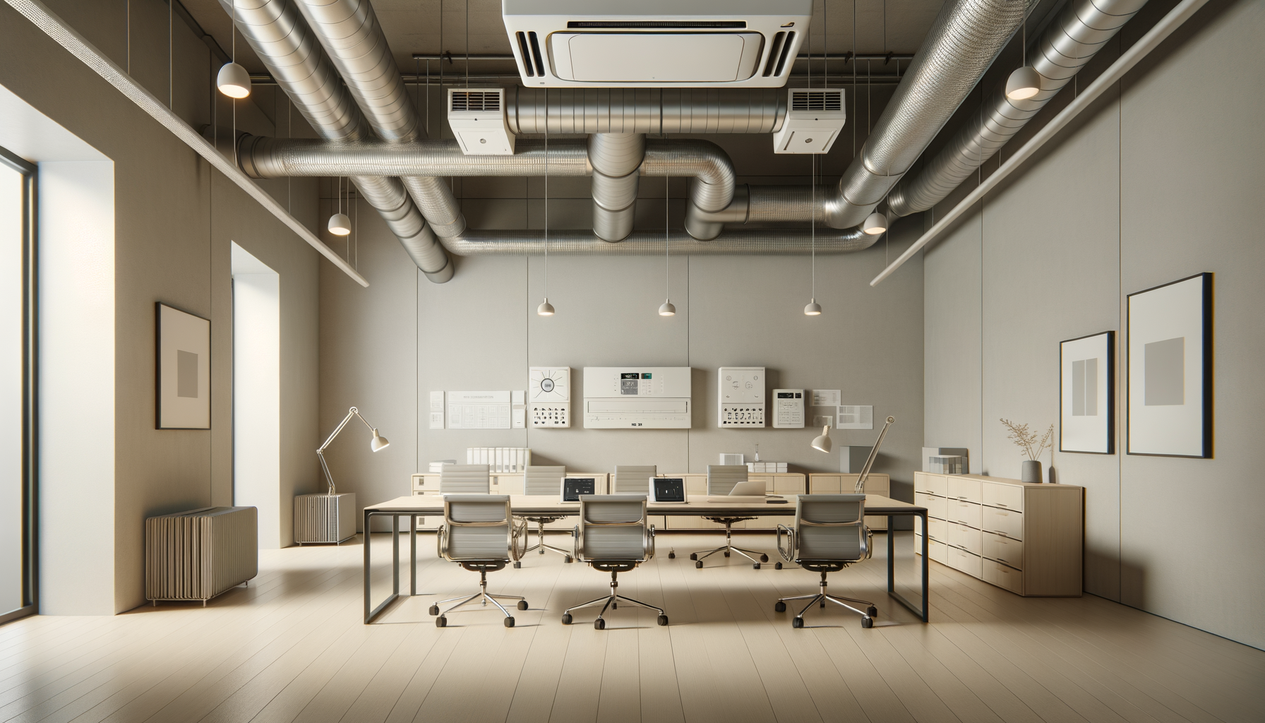 Modern conference room with a long table, six office chairs, wall-mounted climate control and control panels, framed artwork, and exposed metallic ductwork on the ceiling.