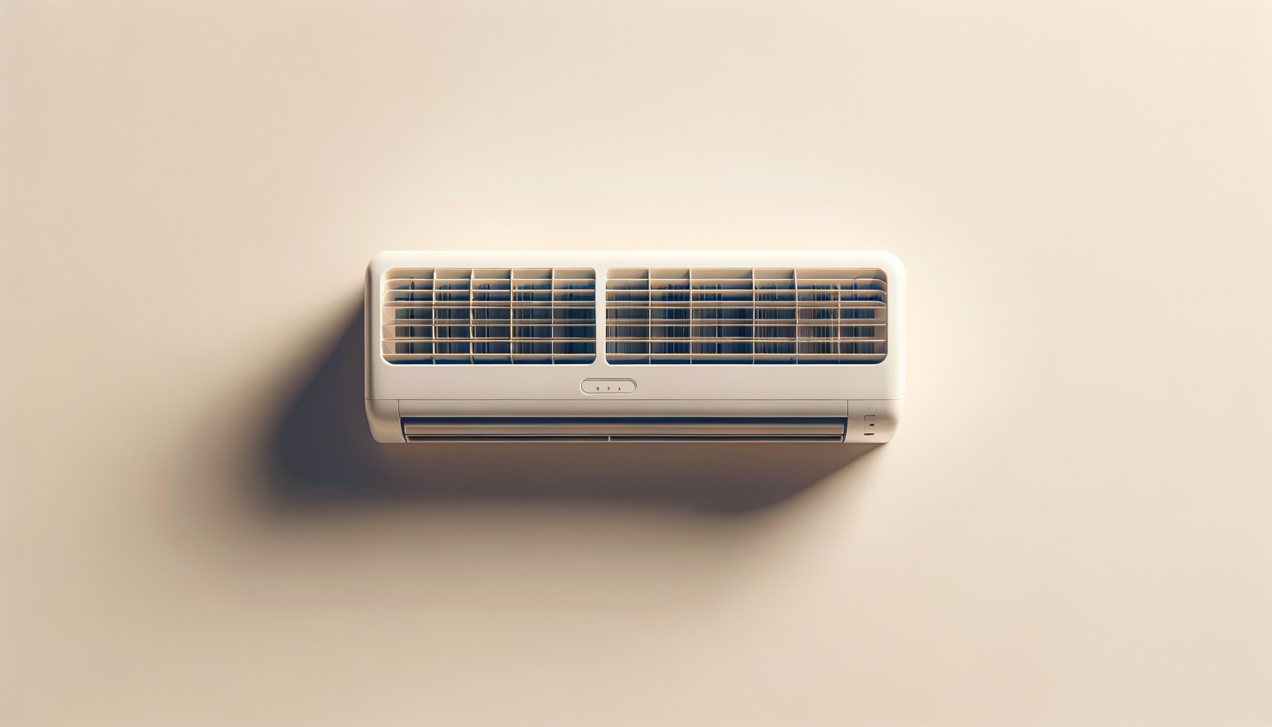 Wall-mounted white air conditioner unit on a plain beige wall.