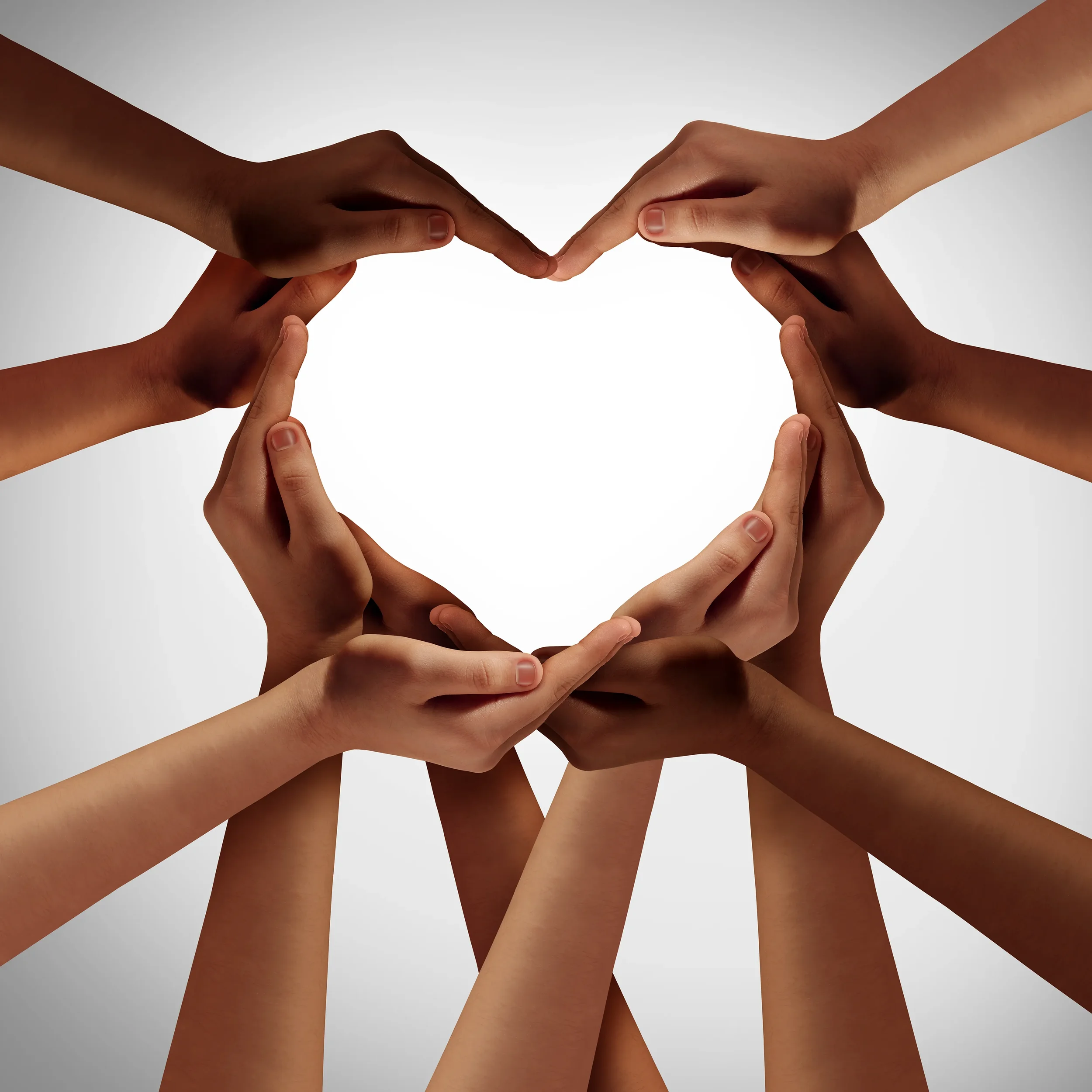Multiple hands of diverse skin tones forming a heart shape against a white background.