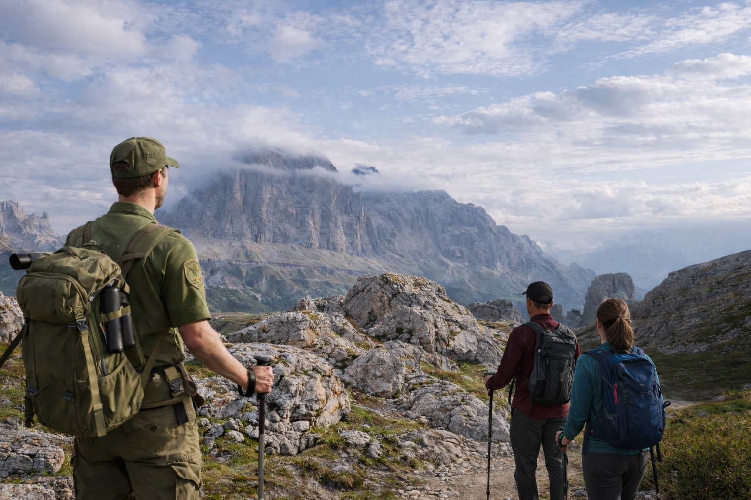 Drei Wanderer mit Rucksäcken und Wanderstöcken auf einem felsigen Weg in den Bergen, clouds covering die Gipfel im Hintergrund.