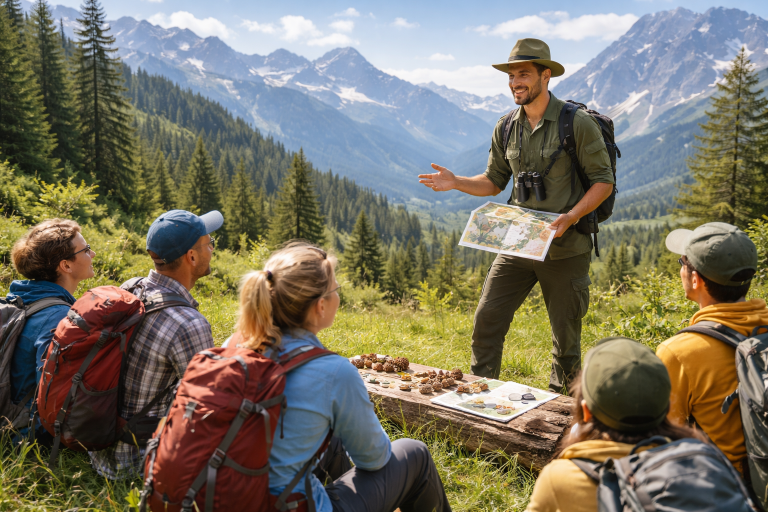 Ein Guide erklärt eine Gruppe Wanderer im Freien mit Bergen und Wäldern im Hintergrund. Der Guide trägt einen Hut, hat eine Karte in der Hand und zeigt auf etwas. Die Gruppe sitzt auf dem Boden, hat Rucksäcke und sieht aufmerksam zu.