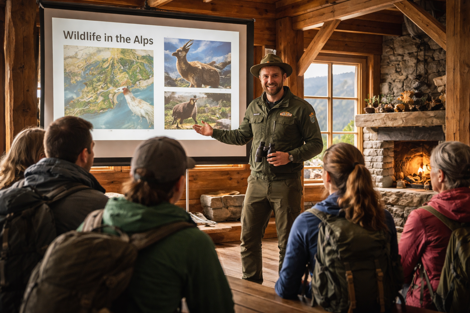 Ein Mann in Outdoor-Bekleidung hält eine Präsentation über Tierwelt in den Alpen vor einer Gruppe von Menschen in einem rustikalen Raum mit Kamin, einem Projektorbildschirm mit Titeln und Bildern von Wildtieren.