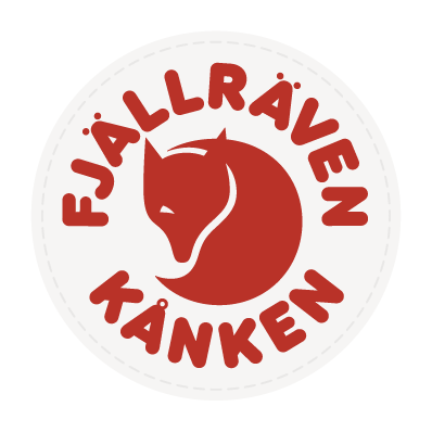 Logo des Unternehmens 'Fjällräven Kanken' mit rot-weißem Design, einem Fuchs und dem Firmennamen in roten Buchstaben.