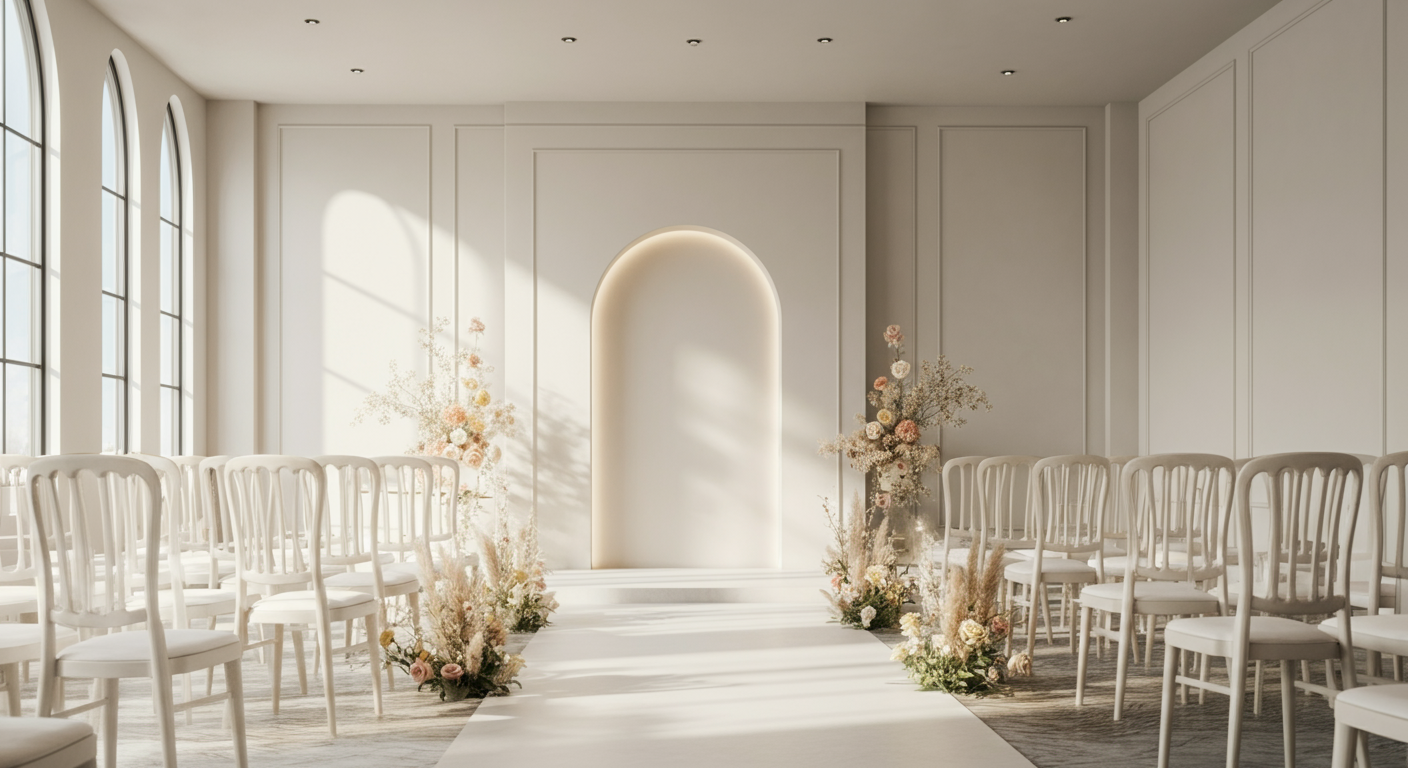 Elegant, minimalist wedding ceremony space with white chairs, floral arrangements along the aisle, and a white backdrop with soft lighting.
