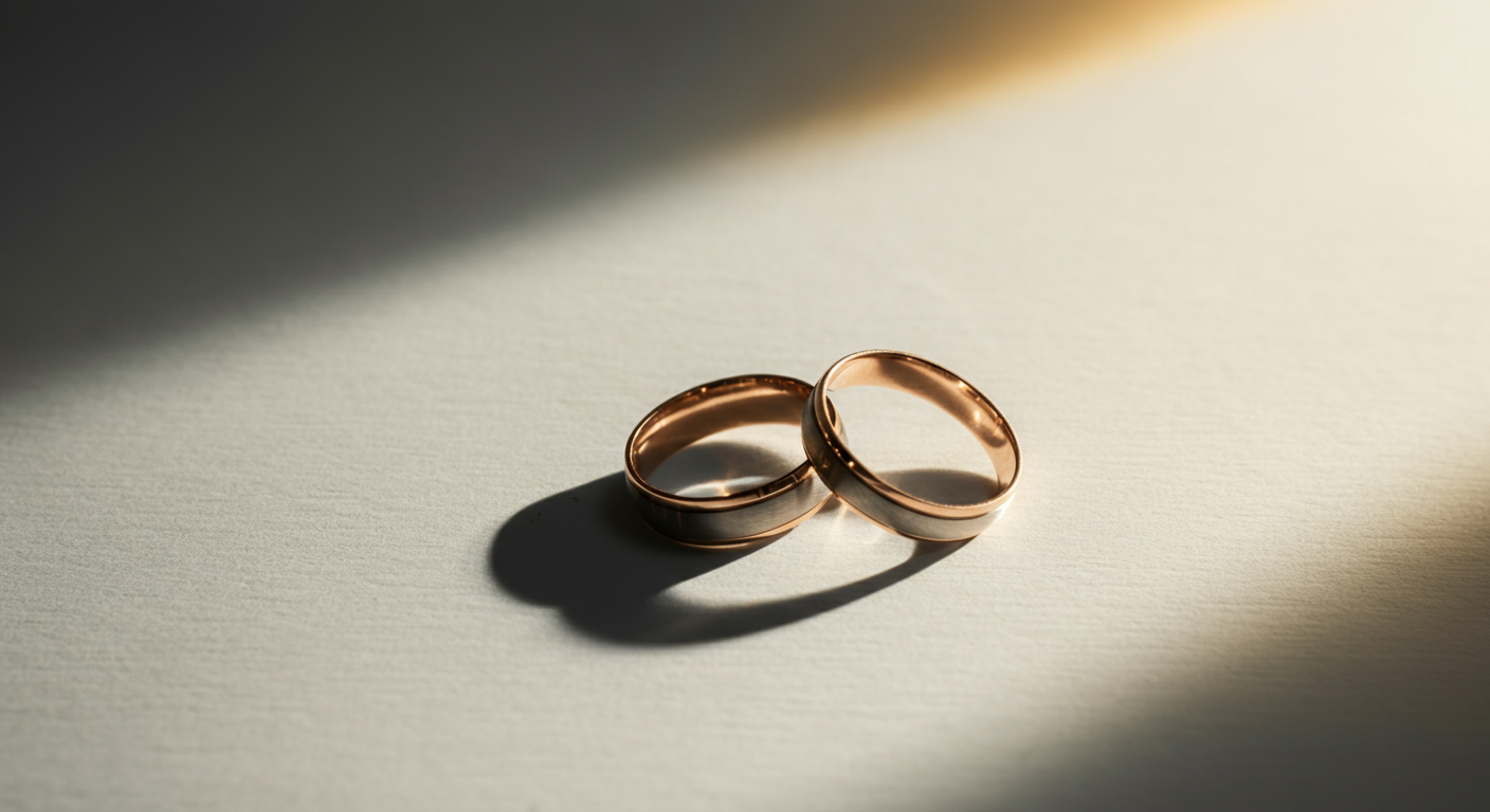 Two gold wedding rings on a light-colored surface with shadows, lit from the upper right.