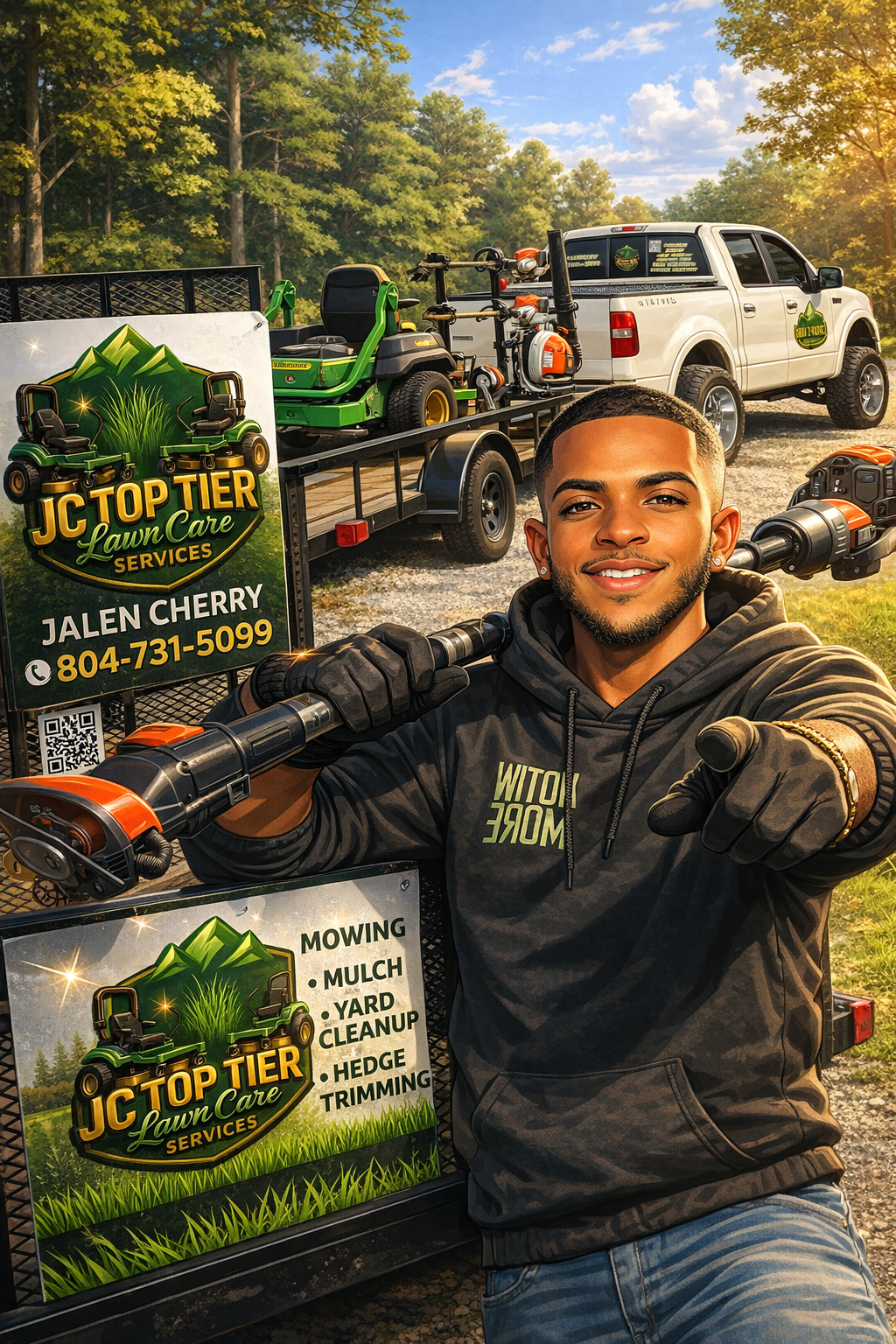 Dedicated lawncare guy with his weed eater, tractor, and fresh looking sign.