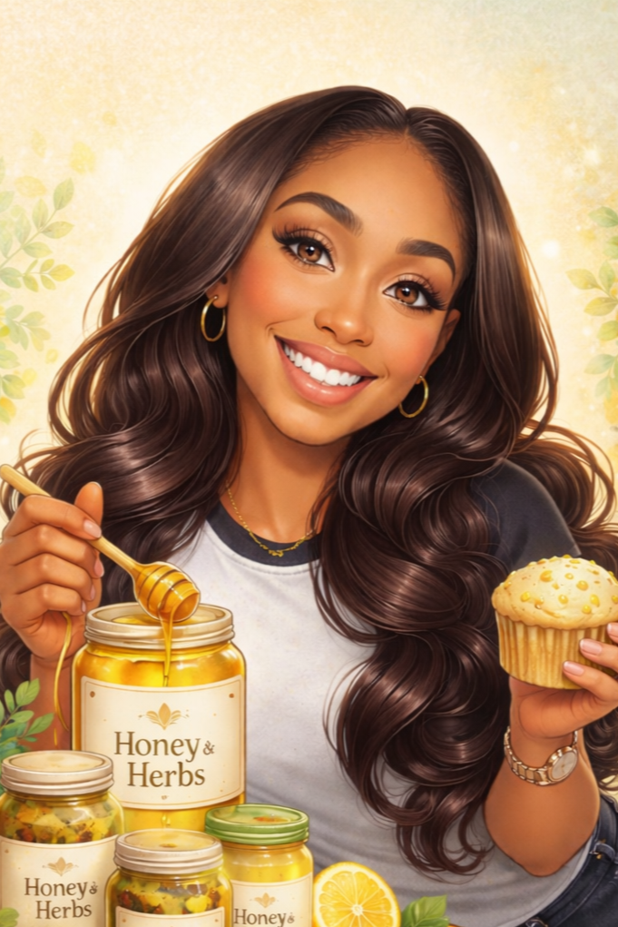 A smiling woman with long, wavy brown hair holding a cupcake in one hand and a spoonful of honey over a jar labeled 'Honey & Herbs' and other honey jars in front of her, with lemon and green leaves in the background.