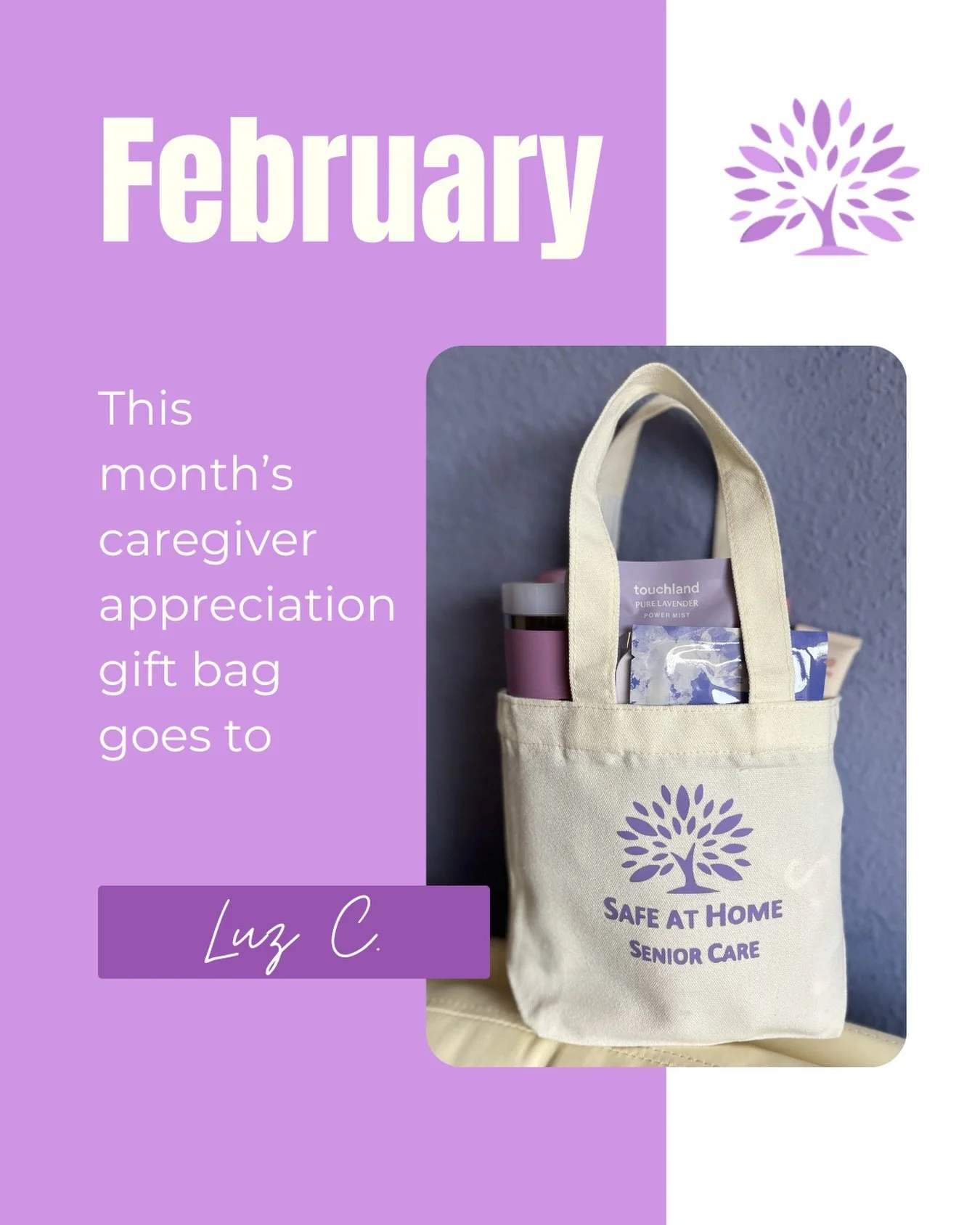 The February caregiver appreciation gift basket went to Luz!! Thank you so much for all that you do. We hope you enjoy the goodies. 💜

#caregiverappreciation #staffappreciation