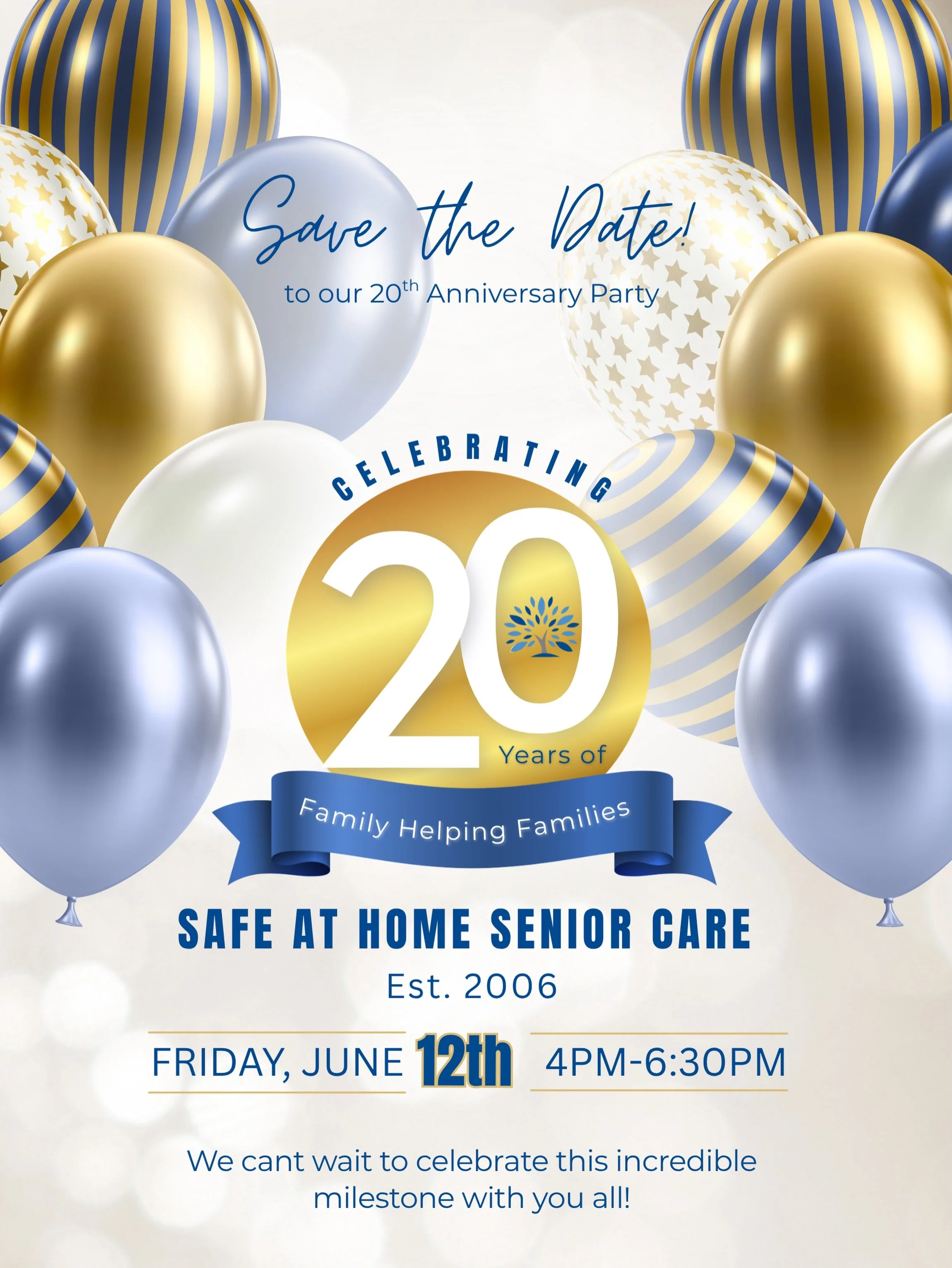 Save the date you&rsquo;re invited! 🥂
Join us as we celebrate 20 years of Safe at Home Senior Care with our community, clients, families, and friends.💙🍾
See event details and RSVP through the link in our bio or email natalie@safeathomeseniorcare.c