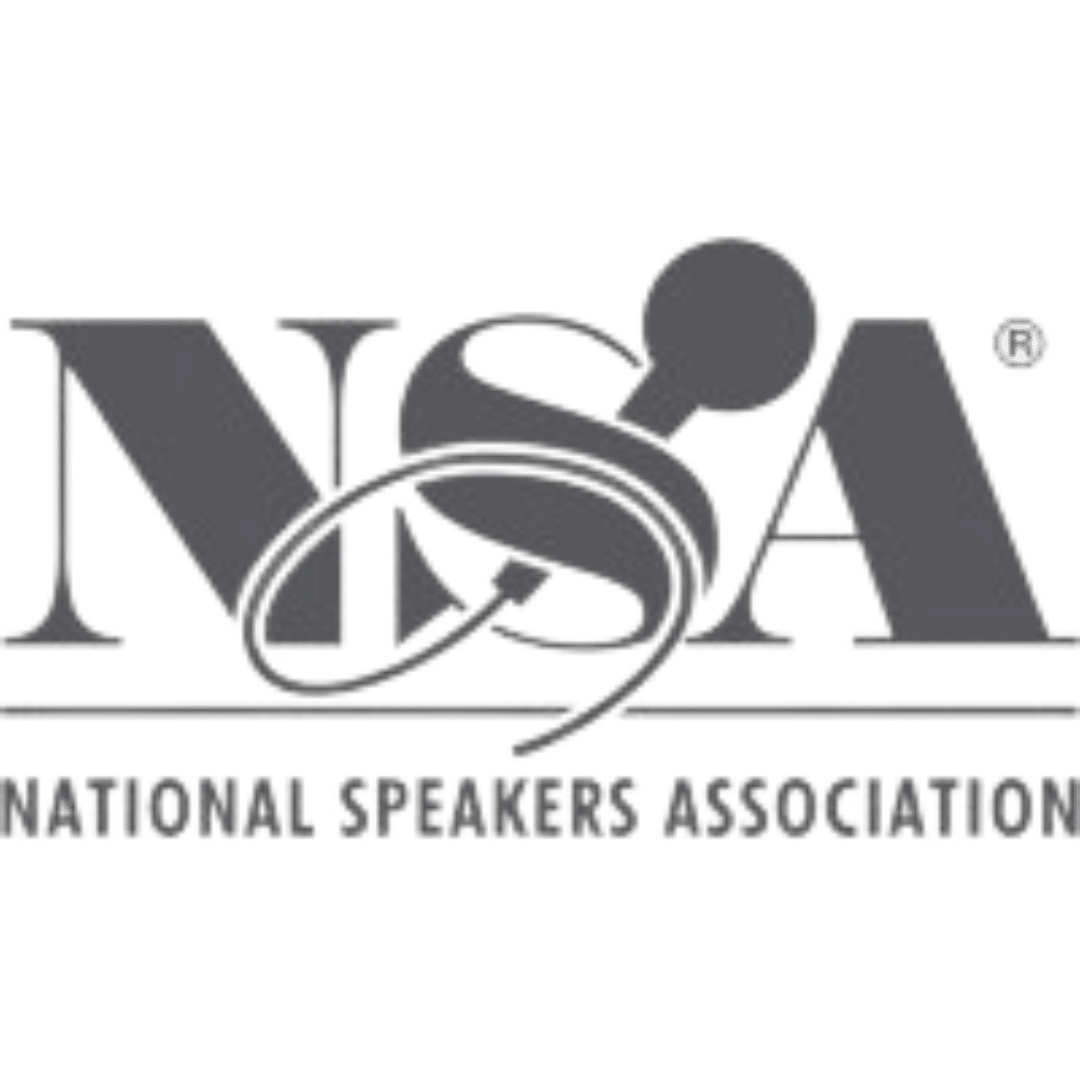Logo of the National Speakers Association featuring the acronym NSA in stylized silver-gray font with a microphone integrated into the letter 'S'