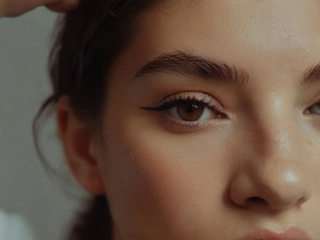 Close-up of a young woman with brown eyes, natural makeup, and defined eyebrows.