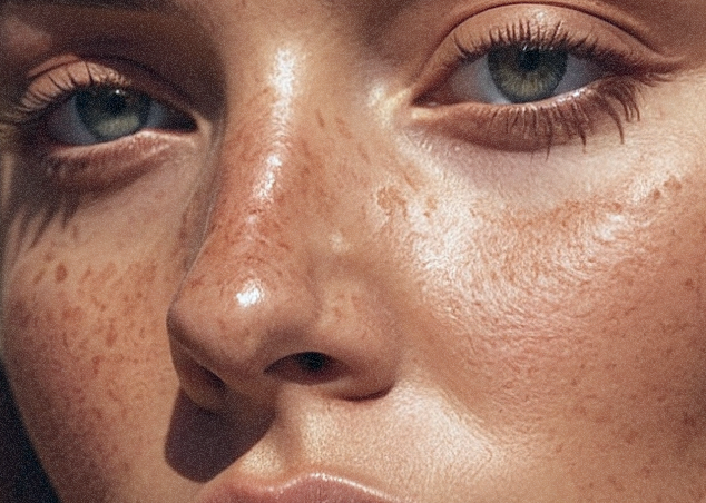 Close-up of a person's face showing blue eyes, freckles, and smooth skin.