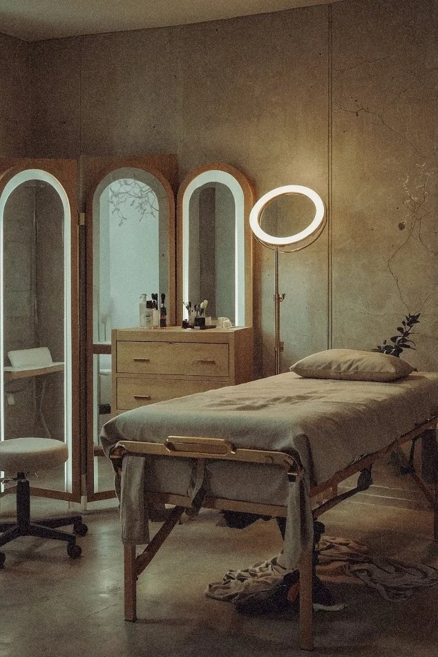 An examination room with a medical bed, a mirror, a small drawer chest, a ring light, and a stool.