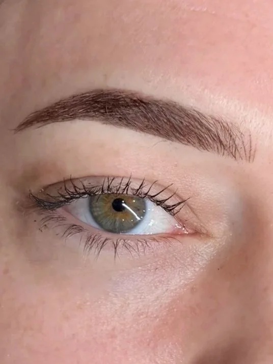 Close-up of a person's eye with brown eyebrow and green eye color.