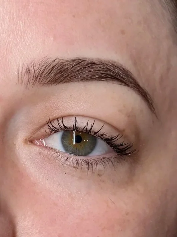 Close-up of a person's eye with neatly groomed eyebrow, light makeup, and long eyelashes.