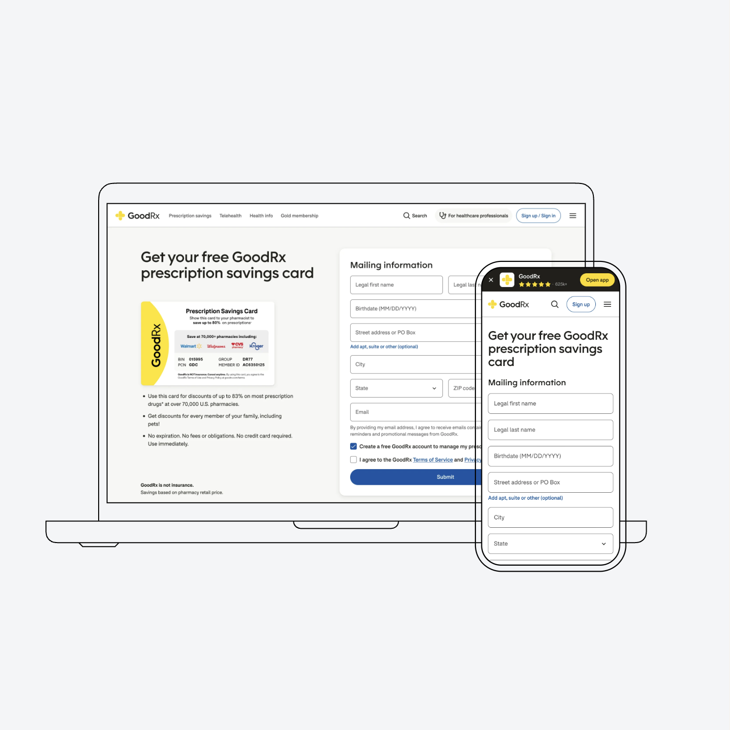 GoodRx prescription savings card enrollment experience, helping members request a card and provide mailing information across desktop and mobile.
