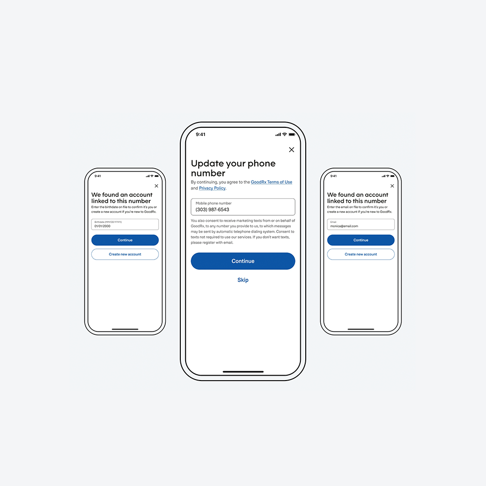 GoodRx app login flow for a recycled phone number, showing account matching via birthdate and SMS verification.