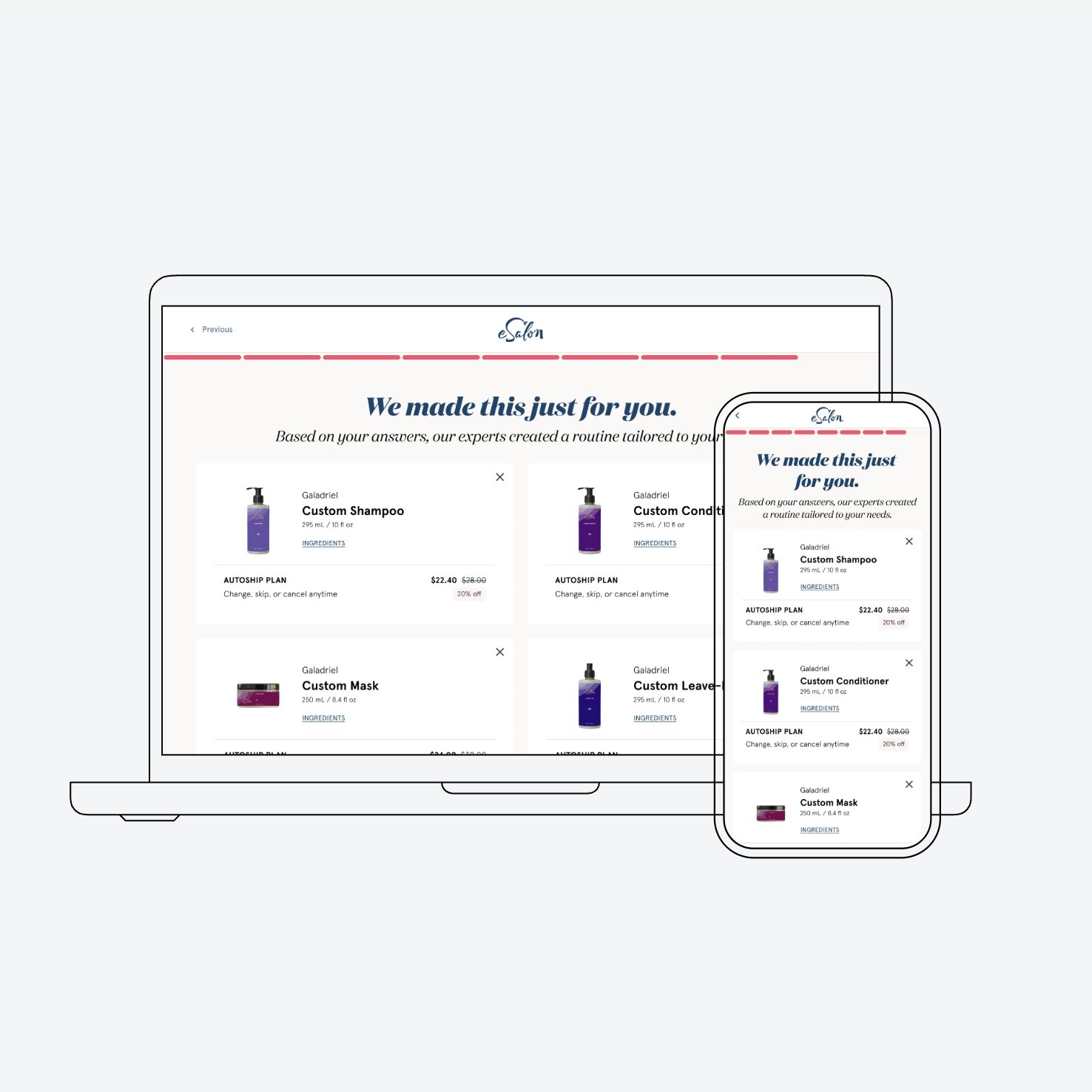 Personalized eSalon haircare routine generated from a customer’s quiz responses, shown across desktop and mobile.