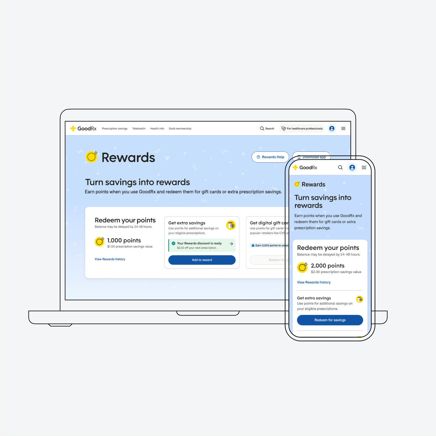 GoodRx Rewards experience showing how members can redeem points for prescription savings across desktop and mobile.
