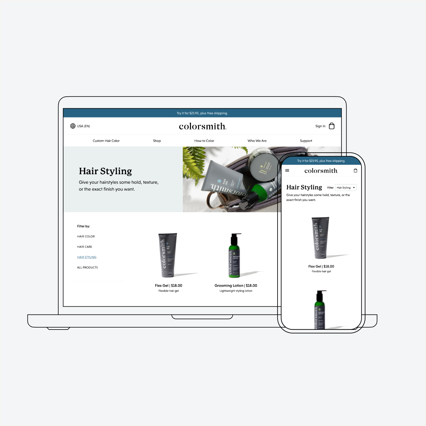 Colorsmith hair styling product catalog, helping customers browse and filter products across desktop and mobile.