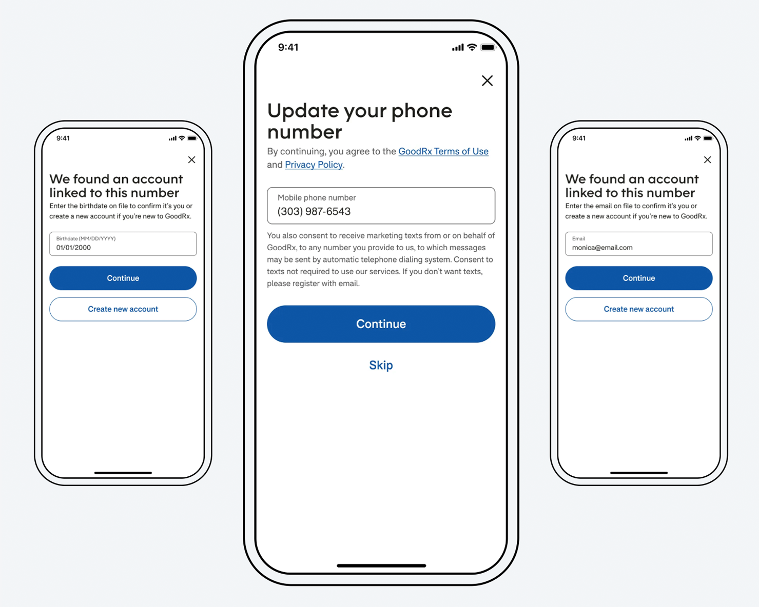 GoodRx app login flow for a recycled phone number, showing account matching via birthdate and SMS verification.
