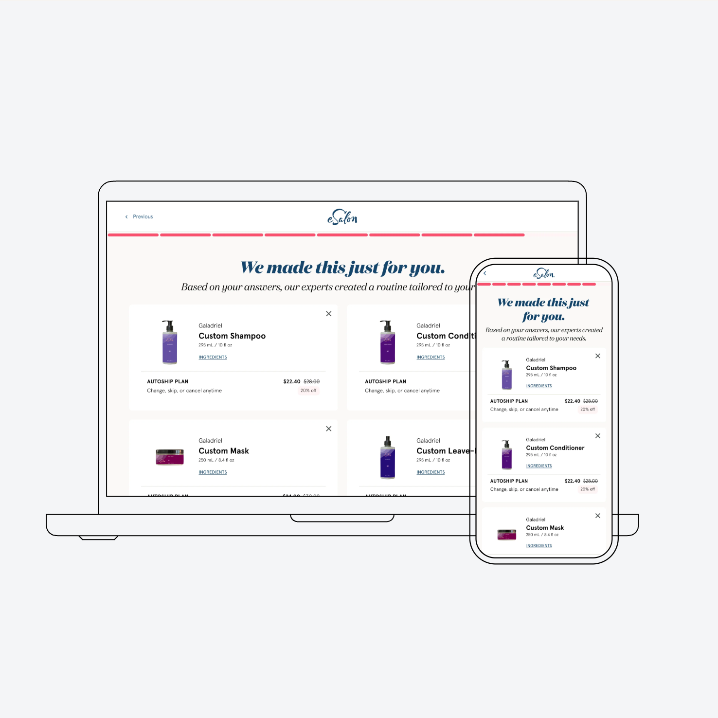 Personalized eSalon haircare routine generated from a customer’s quiz responses, shown across desktop and mobile.