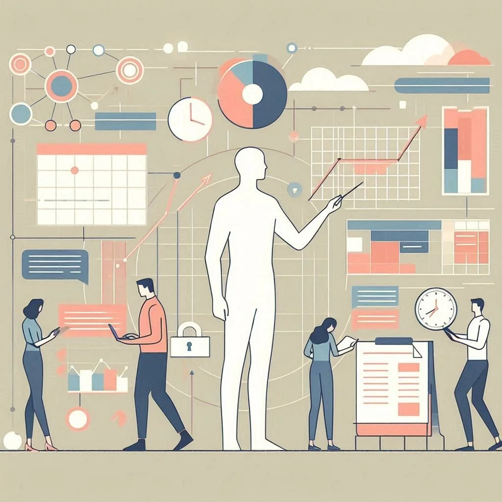 Illustration of a person pointing at graphs and charts on a large screen. Surrounding figures are working on laptops and documents, with various data visualizations and analytics icons in the background.