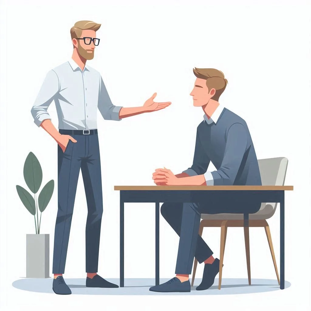 Two men having a conversation in an office, one is standing with hand raised, the other is seated at a desk with hands clasped. There is a plant in a pot beside them.