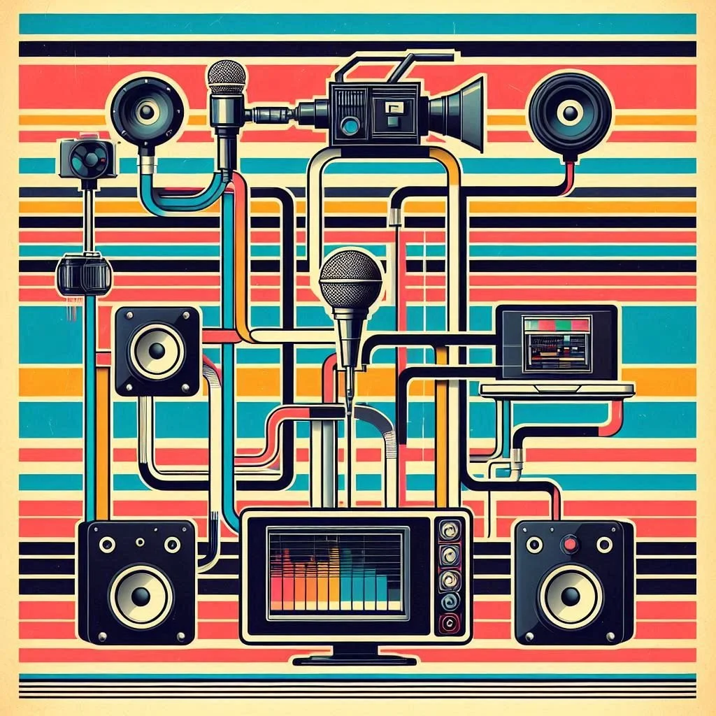 Colorful abstract digital illustration of various music and audio equipment connected by colorful lines, including microphones, speakers, a camera, a monitor with sound waves, and a laptop, set against a striped background.