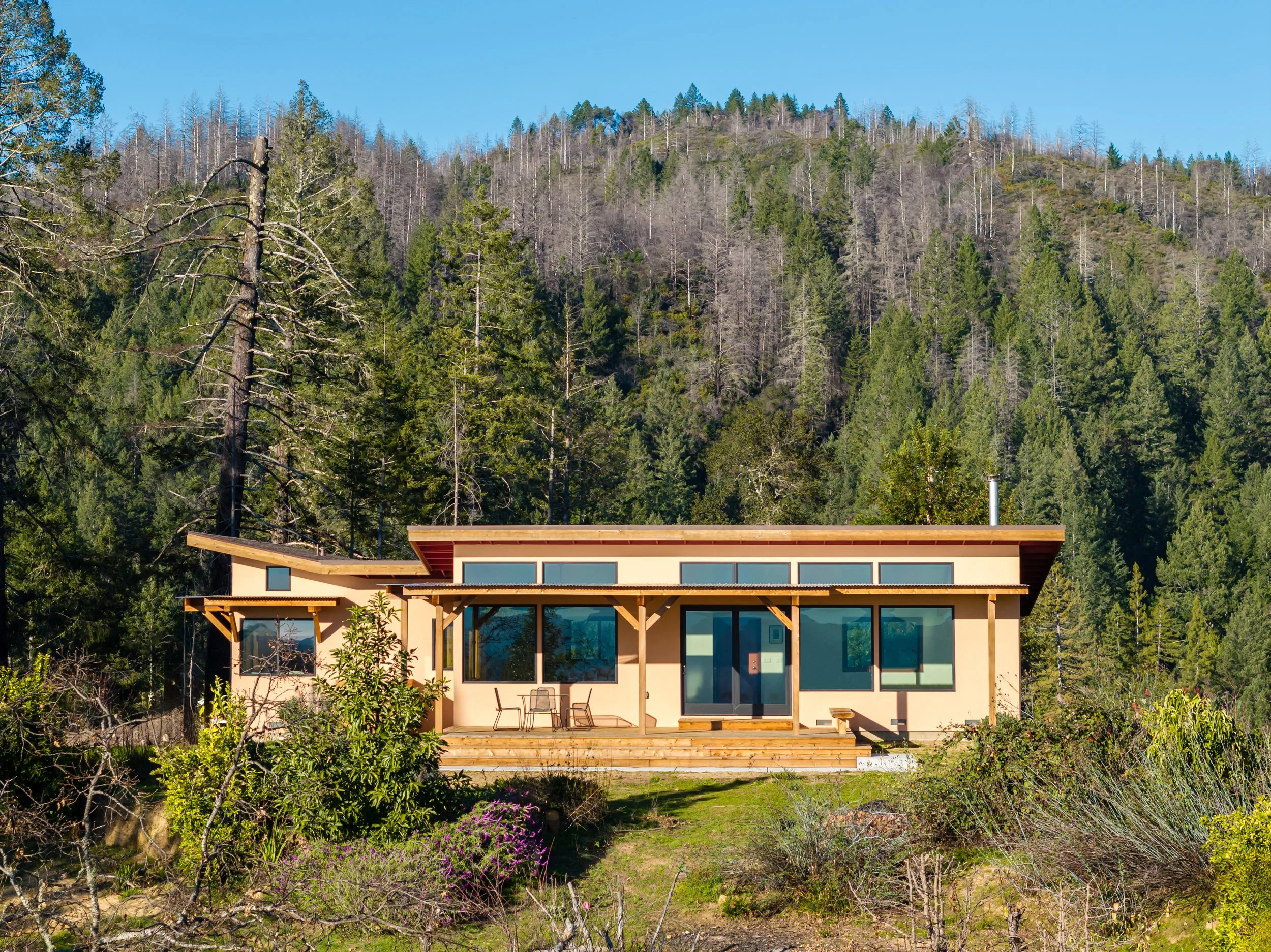 A modern house with large glass windows and a wooden deck, set against a backdrop of a forested mountain with tall trees and a clear blue sky.
