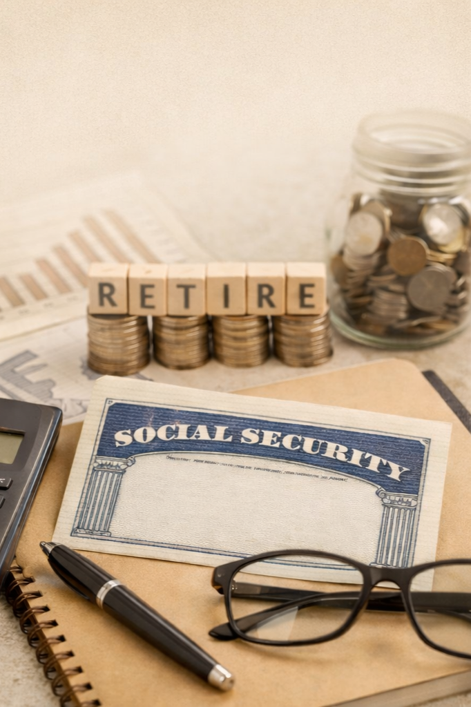 Coins stacked with wooden blocks spelling 'RETIRE', a jar of coins, a Social Security statement, glasses, a pen, a calculator, and a notepad on a desk.