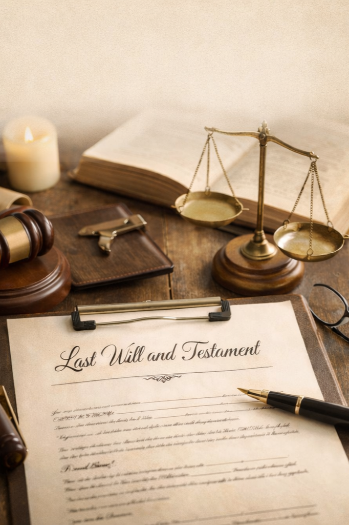 A last will and testament document on a clipboard with a pen, surrounded by legal items such as a scale of justice, an open book, a gavel, and a candle on a wooden desk.