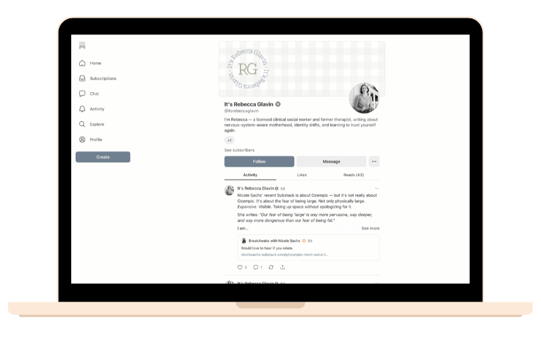 Laptop screen showing Rebecca Glavin's social media profile with navigation menu and posts.