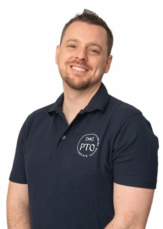 Nick Buckley, Private Tutor at PTO Private Tuition Online wearing a navy blue polo shirt with a logo that says "PTO" on the left chest and features a bowtie and an arrow, standing against a white background.