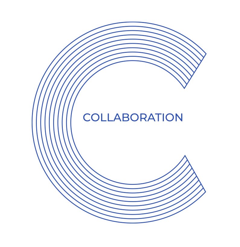 Blue outline letter C with concentric lines, with the word "COLLABORATION" inside
