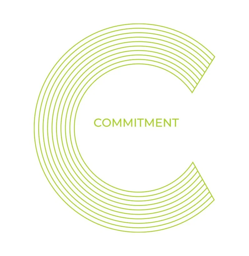 A geometric design consisting of concentric green lines forming the shape of a letter C, with the word 'COMMITMENT' centered inside the C.