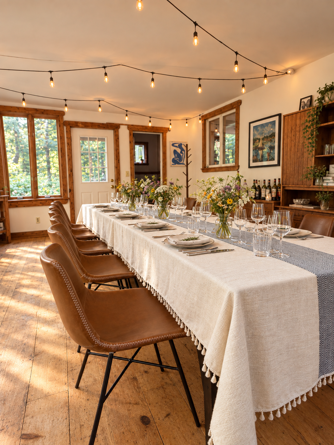 A dining room set for a meal with a long table covered with a light-colored tablecloth, decorated with flowers in vases. Set with plates, glasses, and silverware, surrounded by brown leather chairs. The room features wooden accents and string lights hanging from the ceiling, with windows showing greenery outside.