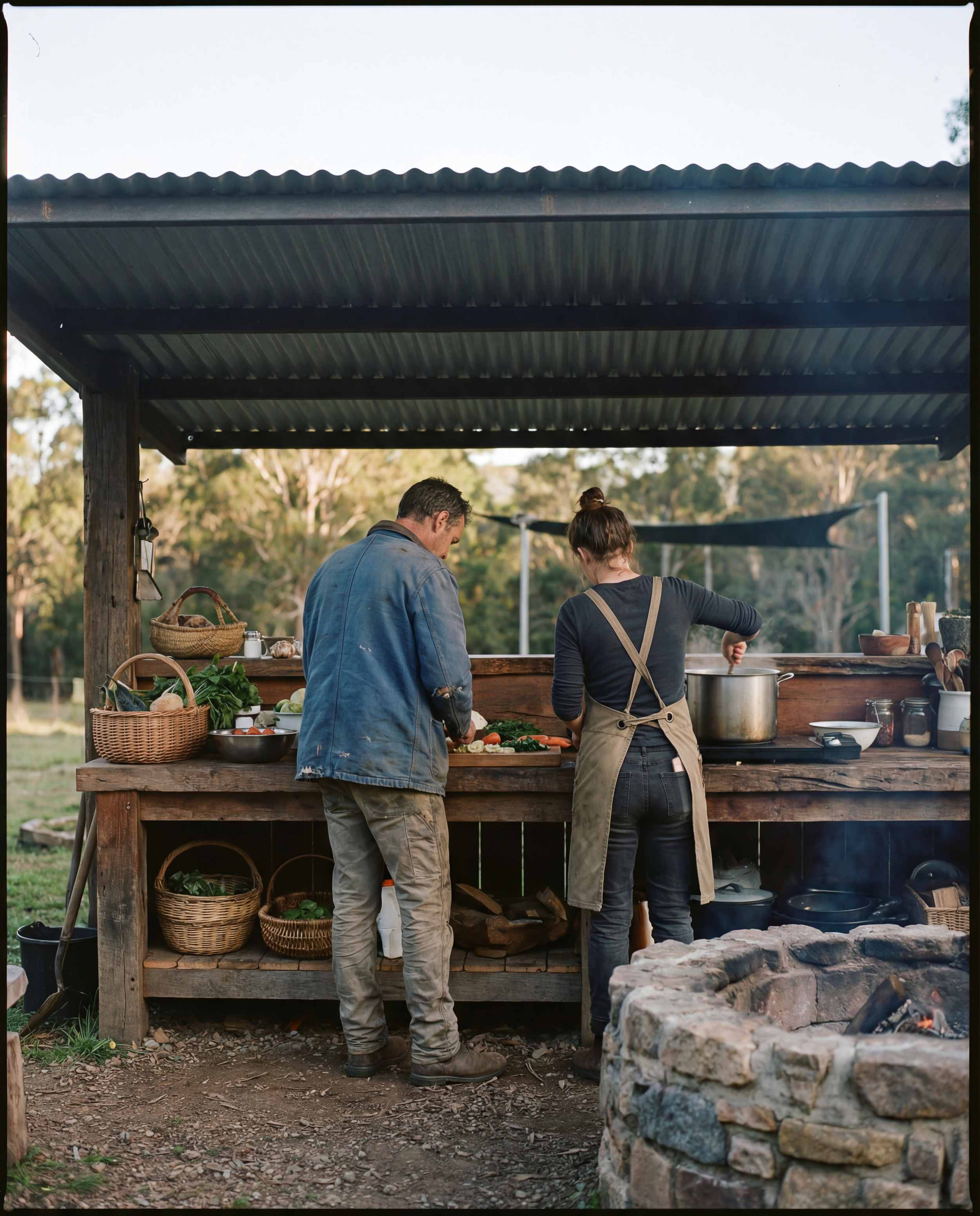 Two people cooking outdoors under a rustic shelter with wooden countertop, surrounded by baskets of vegetables, with trees in the background and a firepit in the foreground.