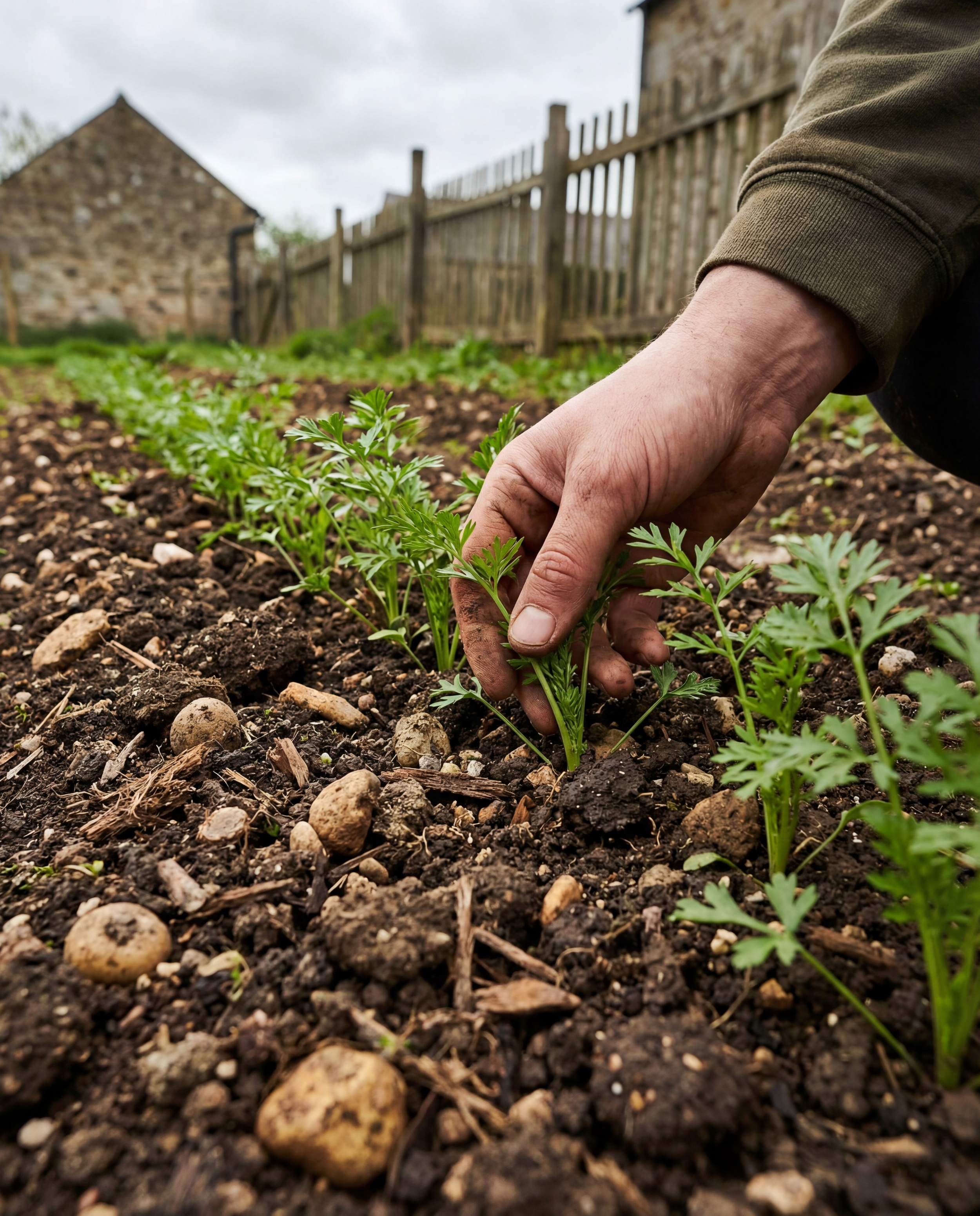 A person's hand harvesting a vegetable plant in a garden, with other plants growing in the soil and a wooden fence in the background.