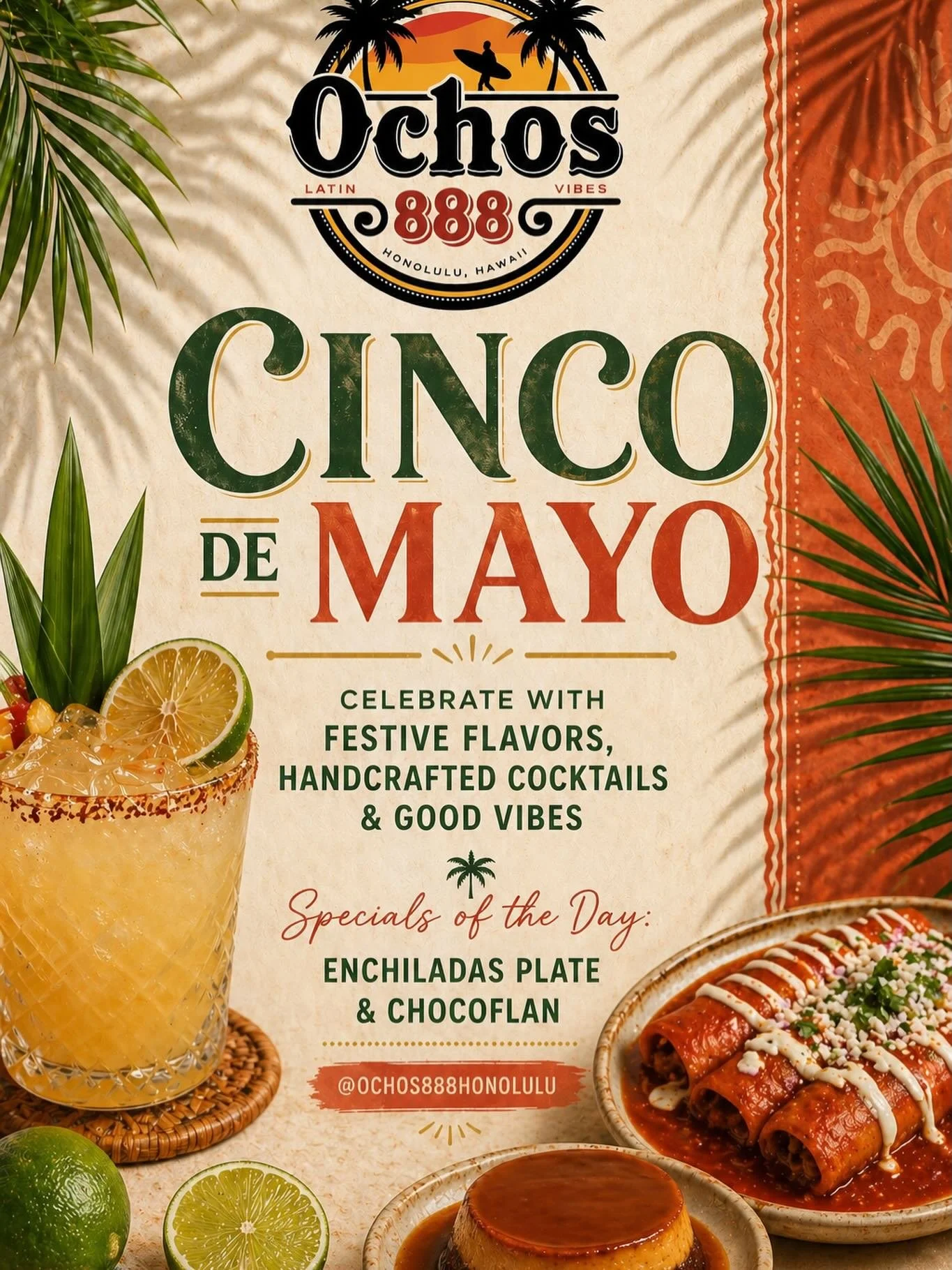 🌮🎉 Join us at Ochos this Cinco de Mayo! In addition to the usual line-up of delicious Mexican and Peruvian dishes, our special for the day will be Enchiladas 🔥 Make sure to save room for churros or our chocoflan 🫶🏼

Bring your crew, come hungry,