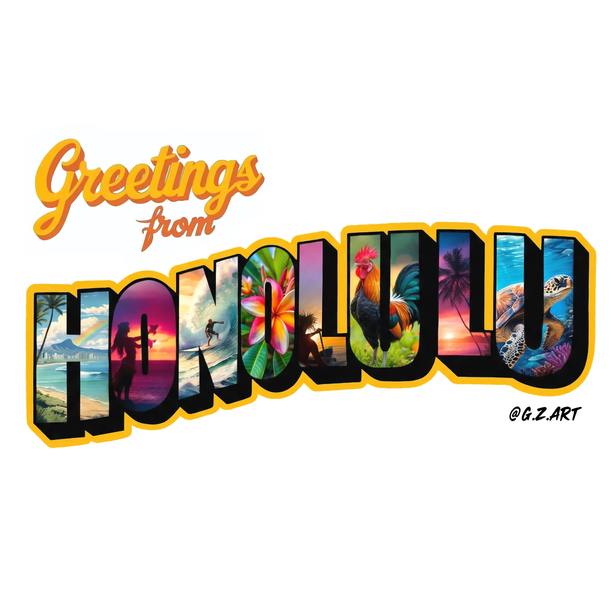 Colorful 'Greetings from Hawaii' postcard with each letter filled with tropical scenery and wildlife.