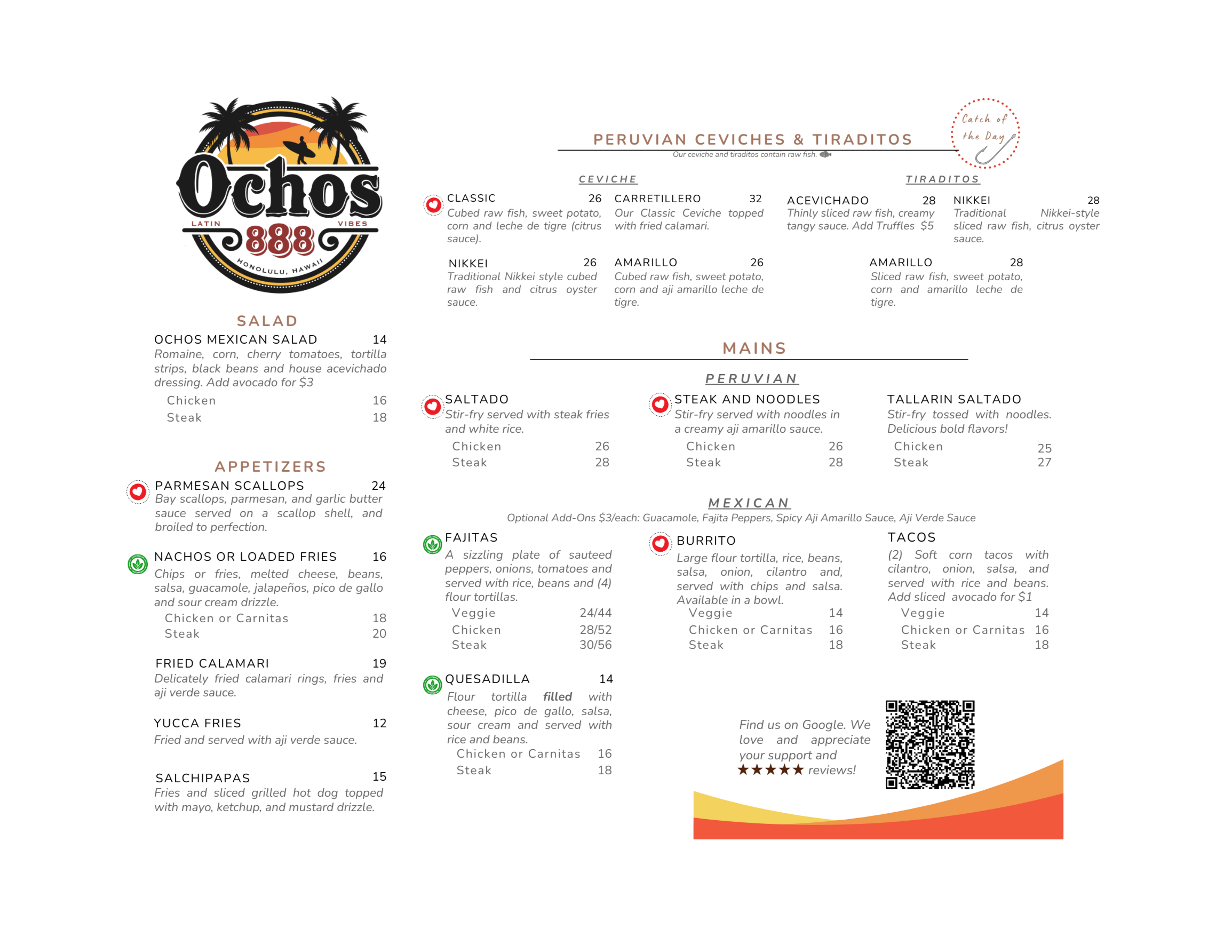 Menu from Ochos restaurant in Honolulu, Hawaii, featuring Peruvian ceviches, tiraditos, salads, appetizers, main dishes including Peruvian, Mexican, and other options. Includes prices and descriptions.