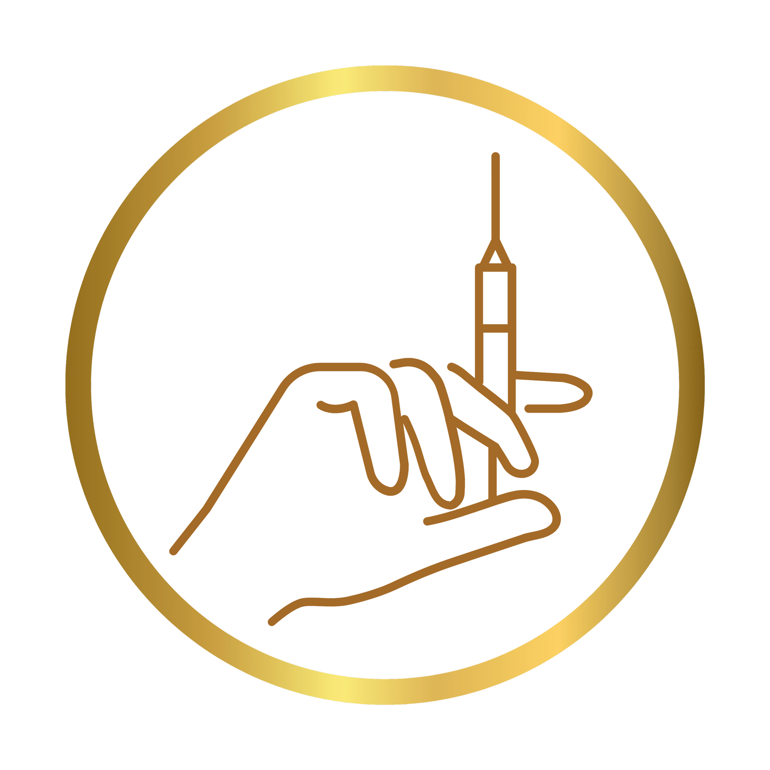 Minimalist illustration of a hand using a computer mouse with a monitor in the background, outlined in brown, on a black background with a gold circular border.