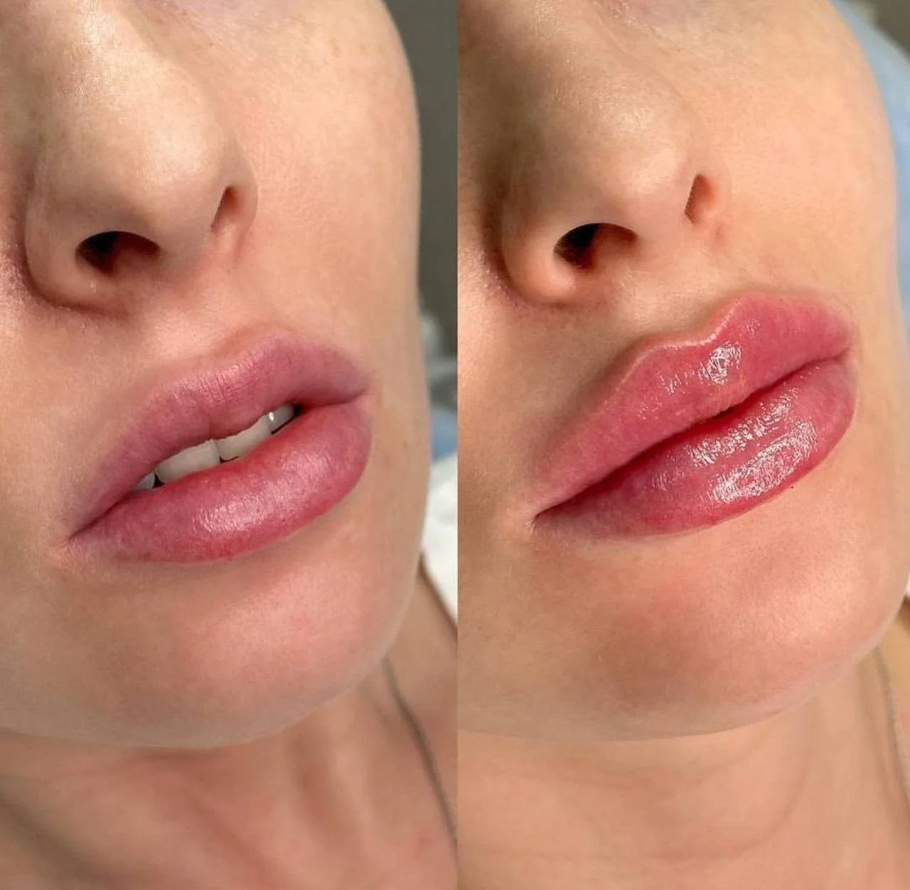 Close-up of a woman's lips before and after lip augmentation, showing fuller, glossy lips on the right.
