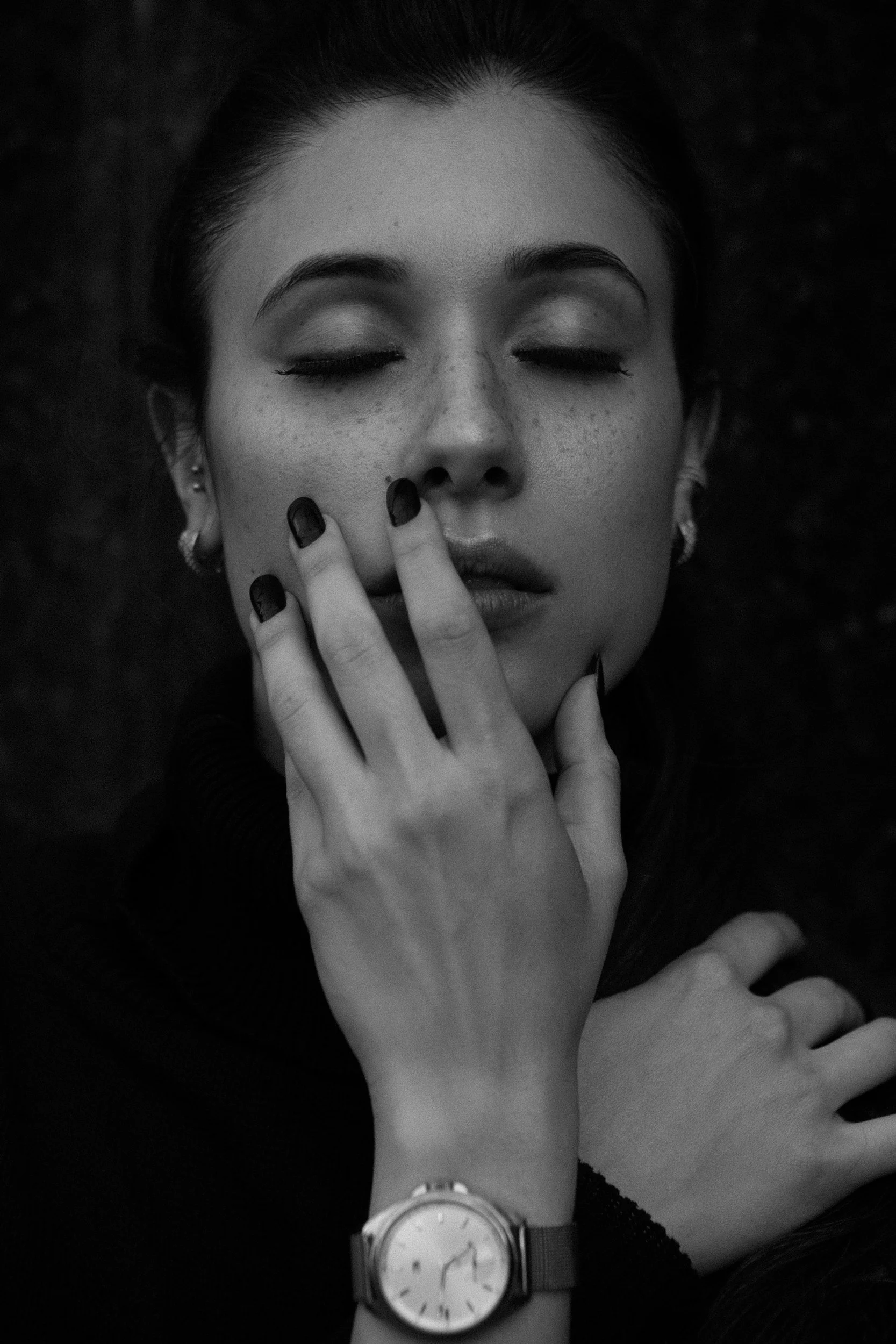 Black and white close-up photo of a woman's face highlighting smooth forehead and eye areas from professional wrinkle relaxation and IV wellness therapy at RAW Rejuvenation in Chambersburg PA.