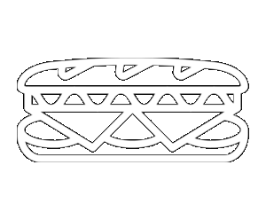 Line drawing of a hot dog with condiments in a bun