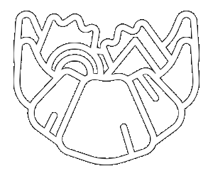 Line drawing of a mountain landscape with a river and trees inside a circular frame.