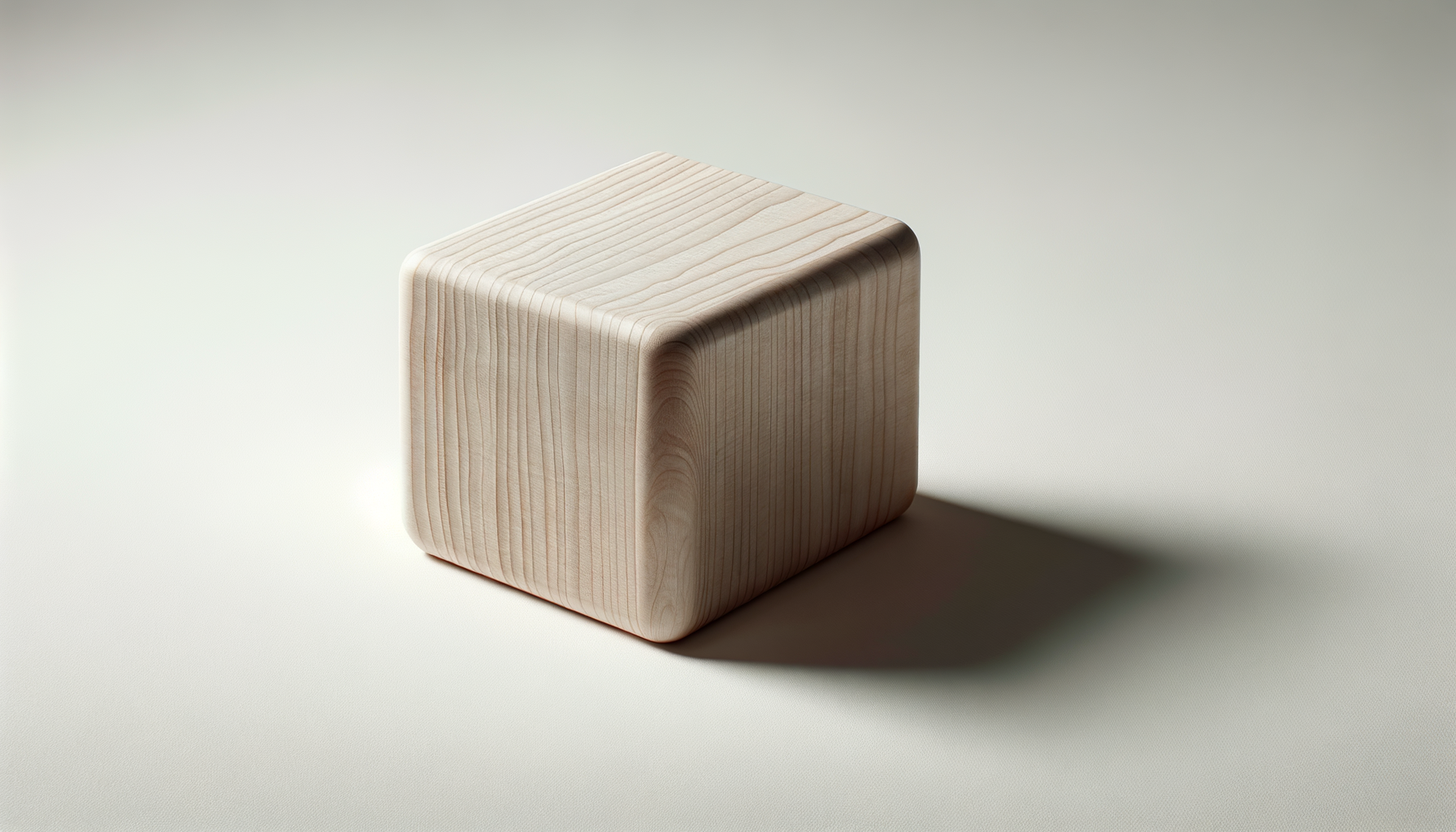 A light-colored wooden cube with a smooth finish and visible wood grain, placed on a plain light background.